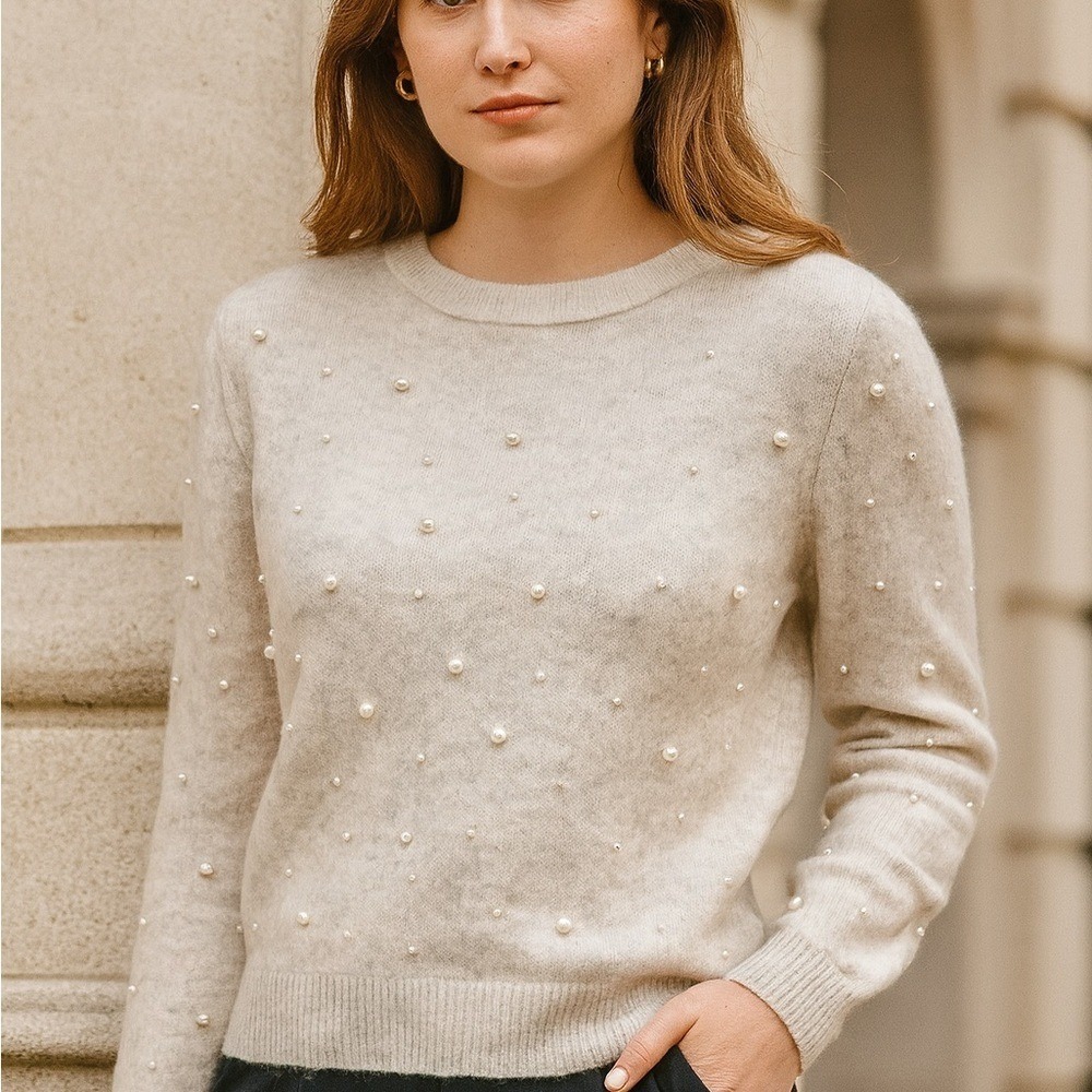 LOFT Pearl-Embellished‎ Gray Sweater